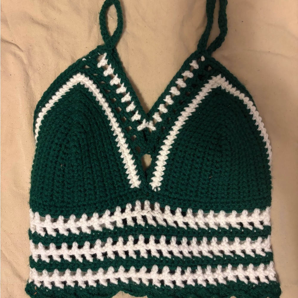Handmade Green and White Crochet Cropped Halter Top
